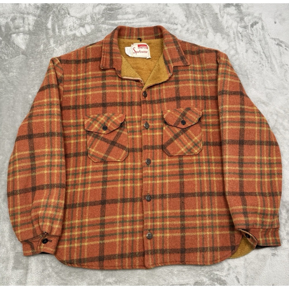 Vintage 60s Montgomery Ward Wool Flannel Shirt Mens XL Tweed Faux Fur Shacket